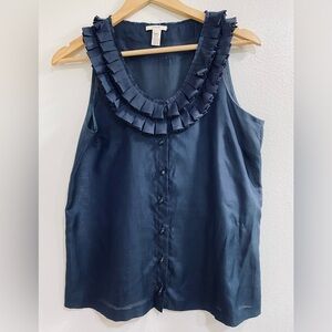 J. Crew Navy Cotton Silk Blend Sleeveless Blouse with Ruffle Detail Size 6